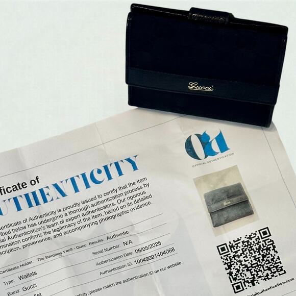 Vintage 90s GUCCI Black Wallet Unisex Double Snap Bifold GG Canvas & Leather COA - Picture 2 of 16